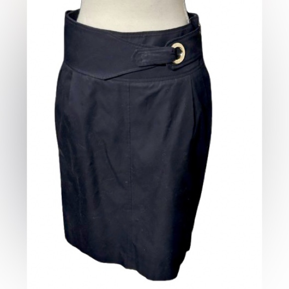 Carolina Herrera Skirt Medium Pencil Designer Logo Gold Buckle Cotton Navy Blue
